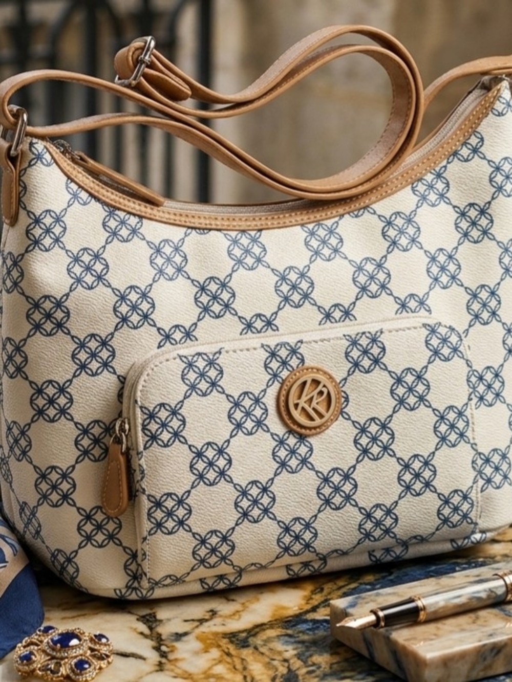 Cream & Navy Patterned Shoulder Bag with Tan Trim